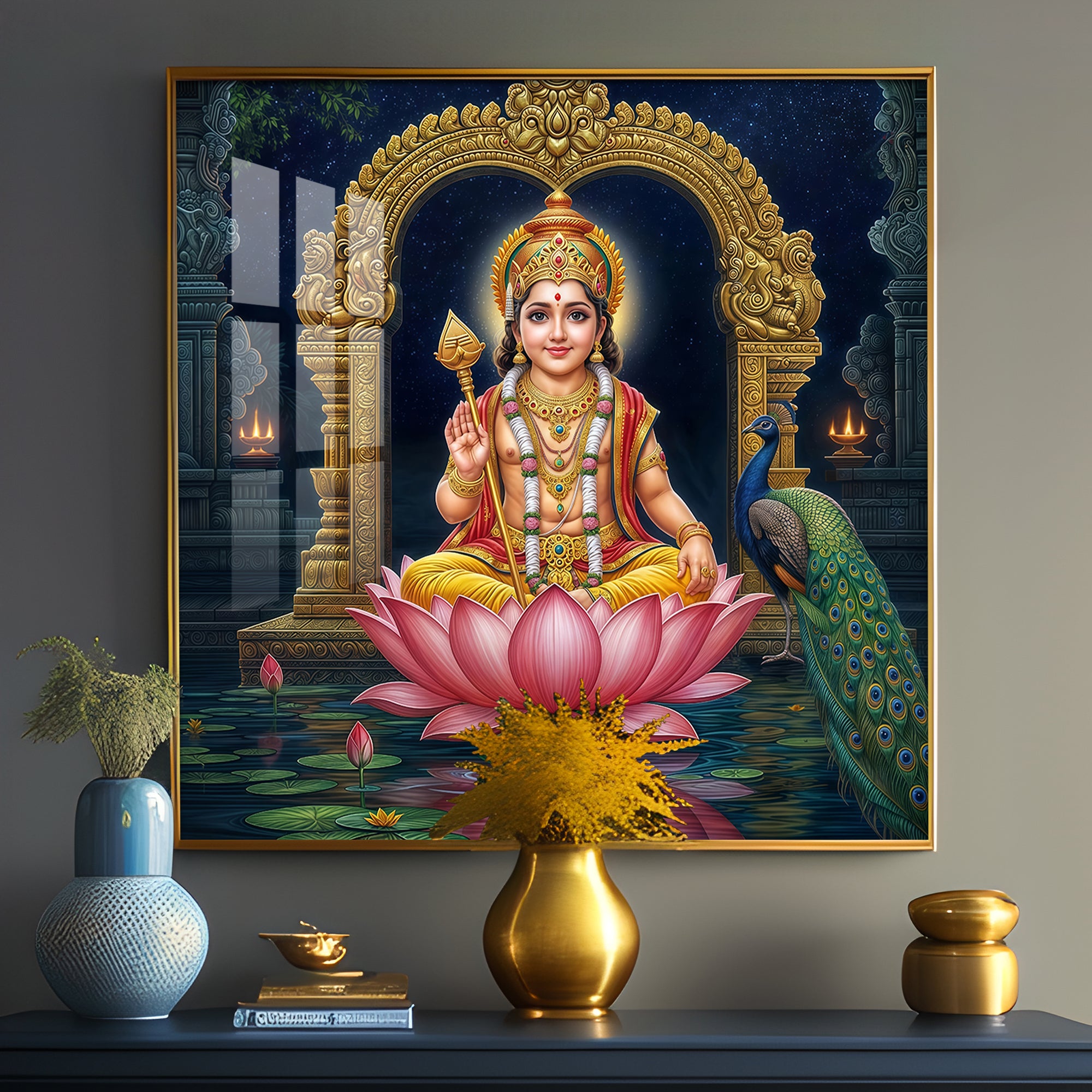 Lord Murugan with Peacock Premium Acrylic Square Wall Art