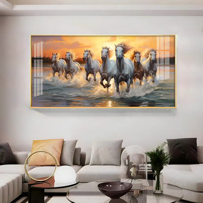 Vastu Seven Running Horses With Sunrise Premium Acrylic Horizontal Wall Art