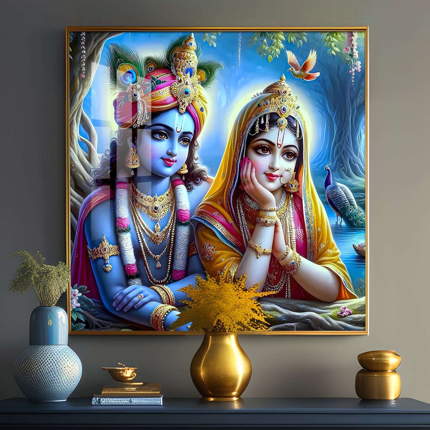 Radha Krishna In Vatika Premium Acrylic Square Wall Art