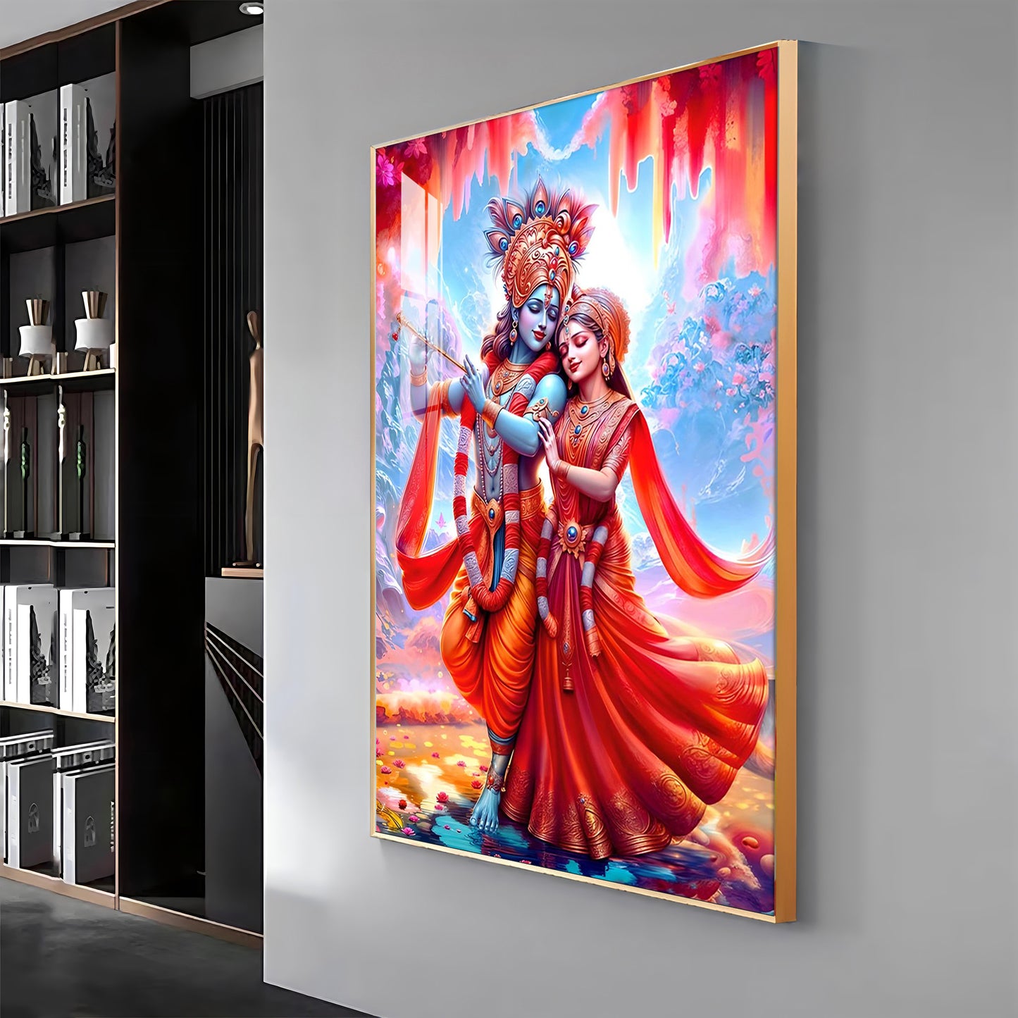 Beautiful Radha Krishna In Red Premium Acrylic Vertical Wall Art