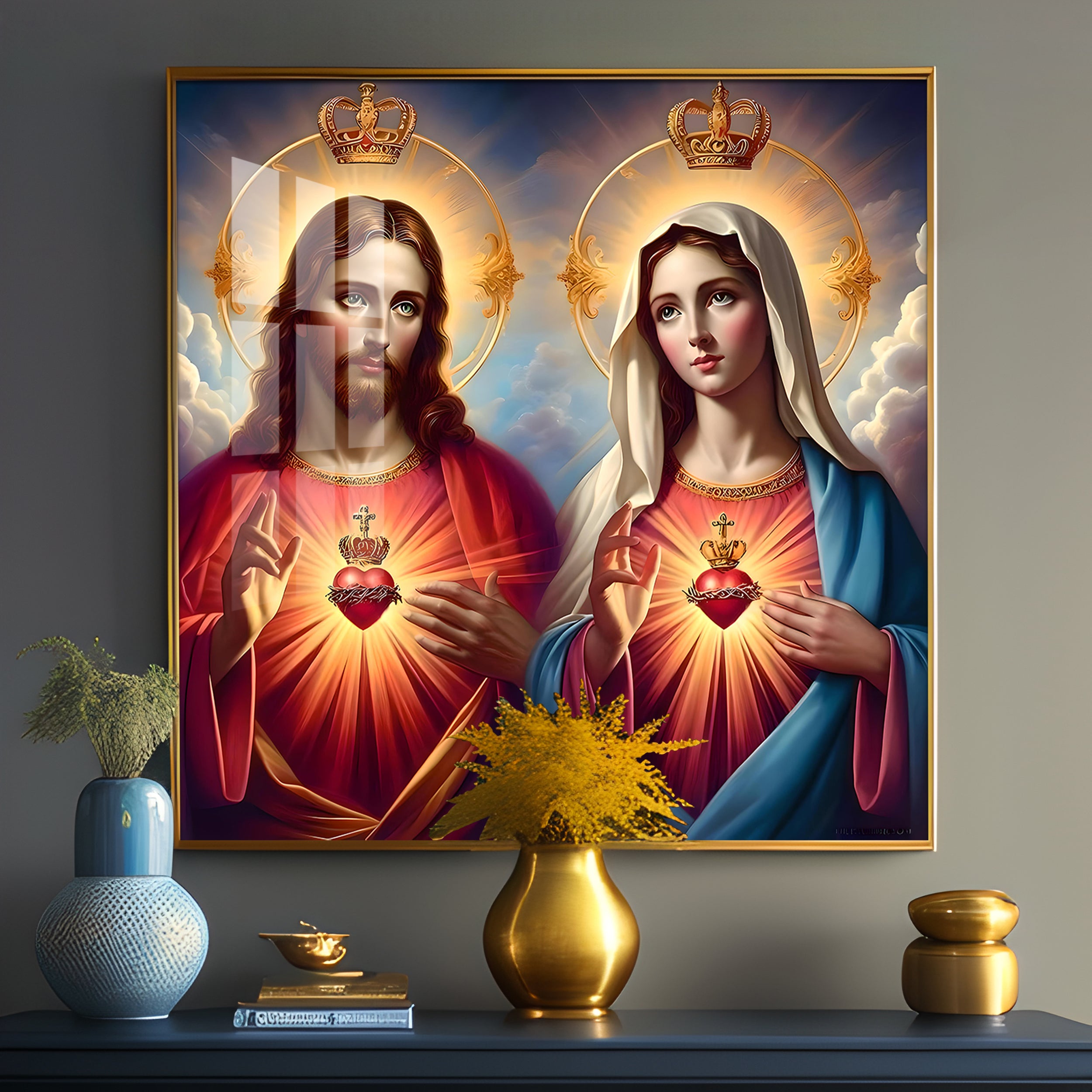 Sacred Heart of Jesus and Mary Premium Acrylic Square Wall Art