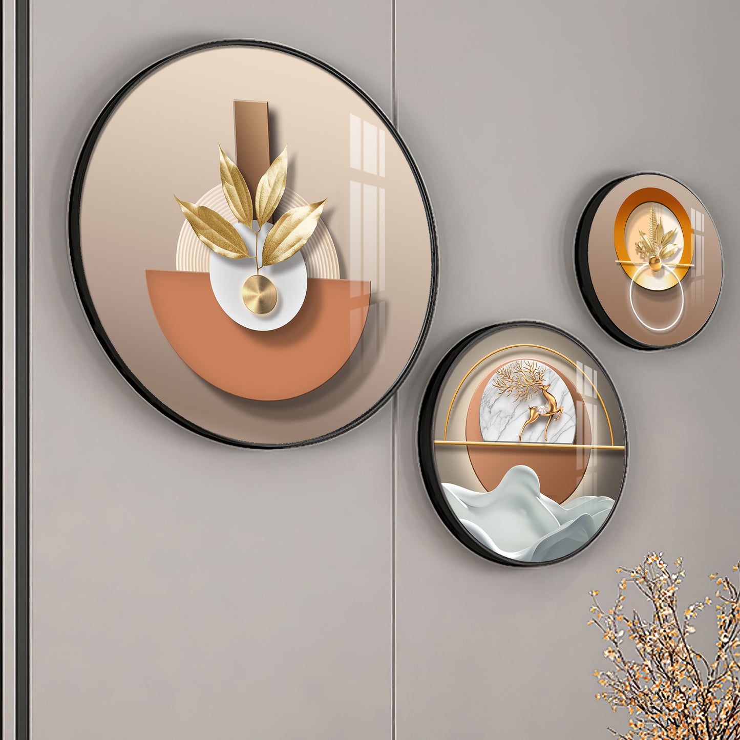 Golden Plant Puups Premium Acrylic Round Wall Art (Set of 3)