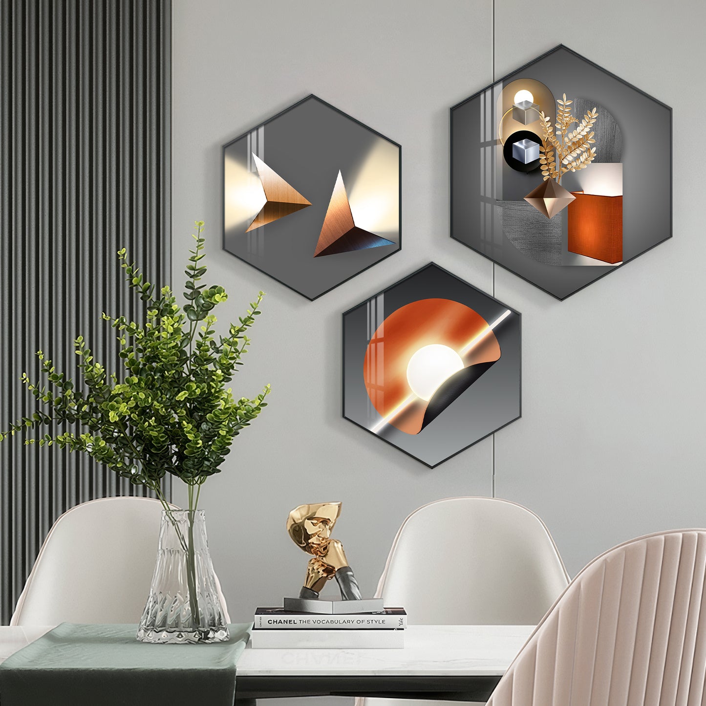 Luminious Abstract Premium Acrylic Hexagon Wall Art (Set of 3)