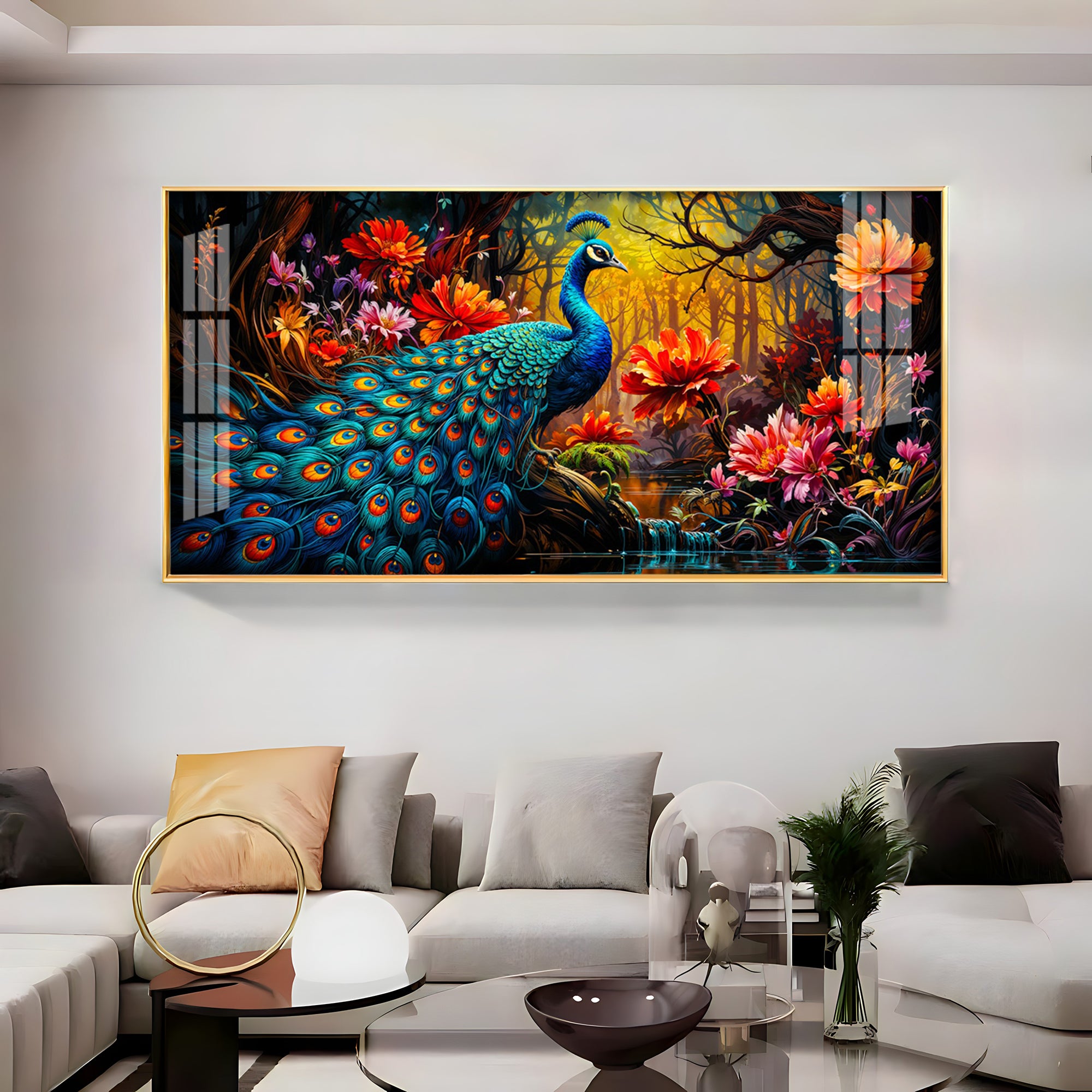 Surreal Peacock With Red Blossom Premium Acrylic Horizontal Wall Art