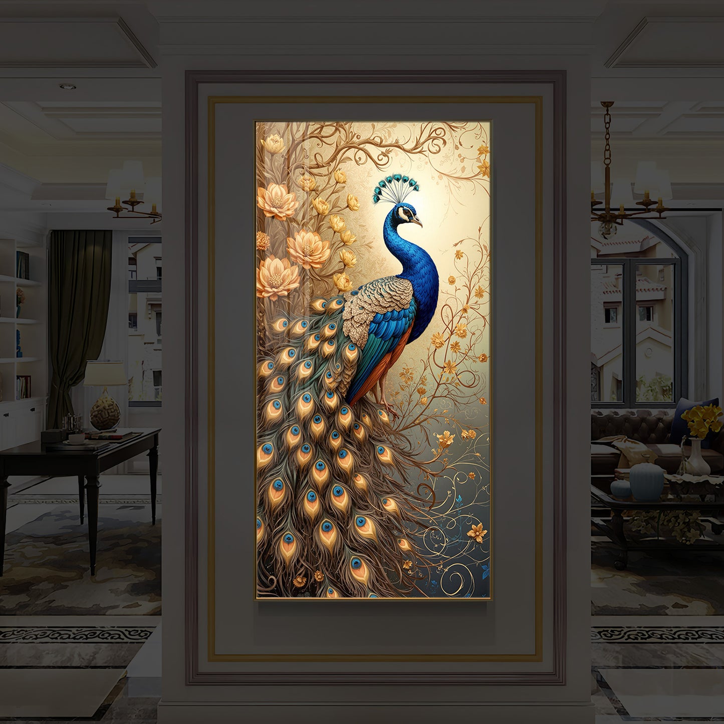 Beautiful Peacock Modern Luxury Backlight Vertical Wall Art