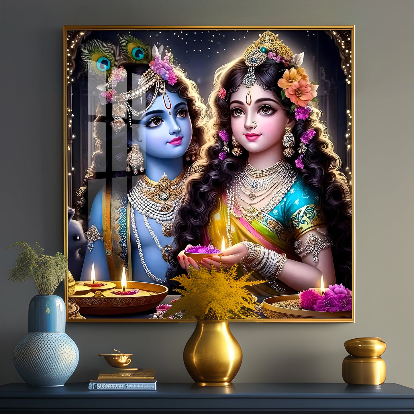 Glowing Krishna Radha Premium Acrylic Square Wall Art