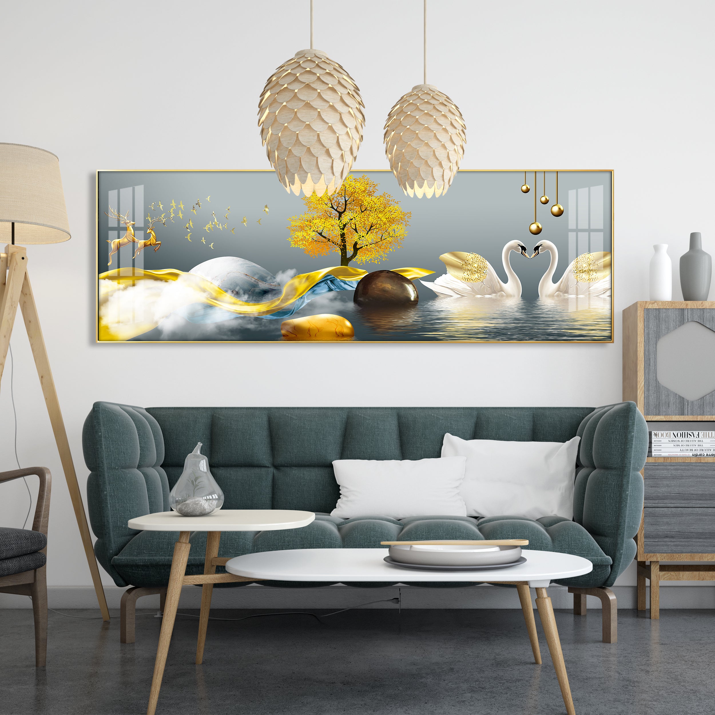 Loving Deers and Swans Luxury Crystal Horizontal Wall Art