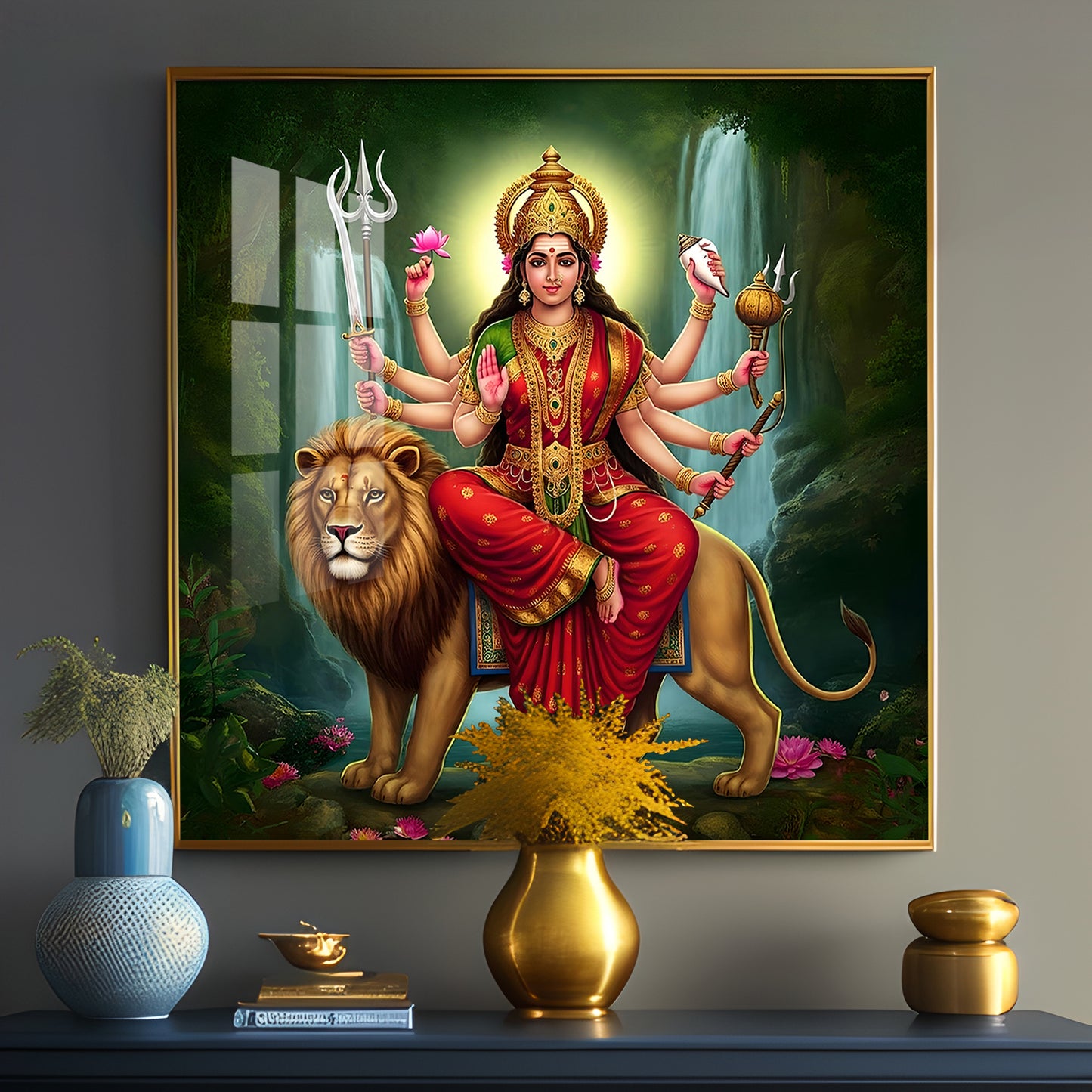 Divine Majesty Of Goddess On Tiger Premium Acrylic Square Wall Art