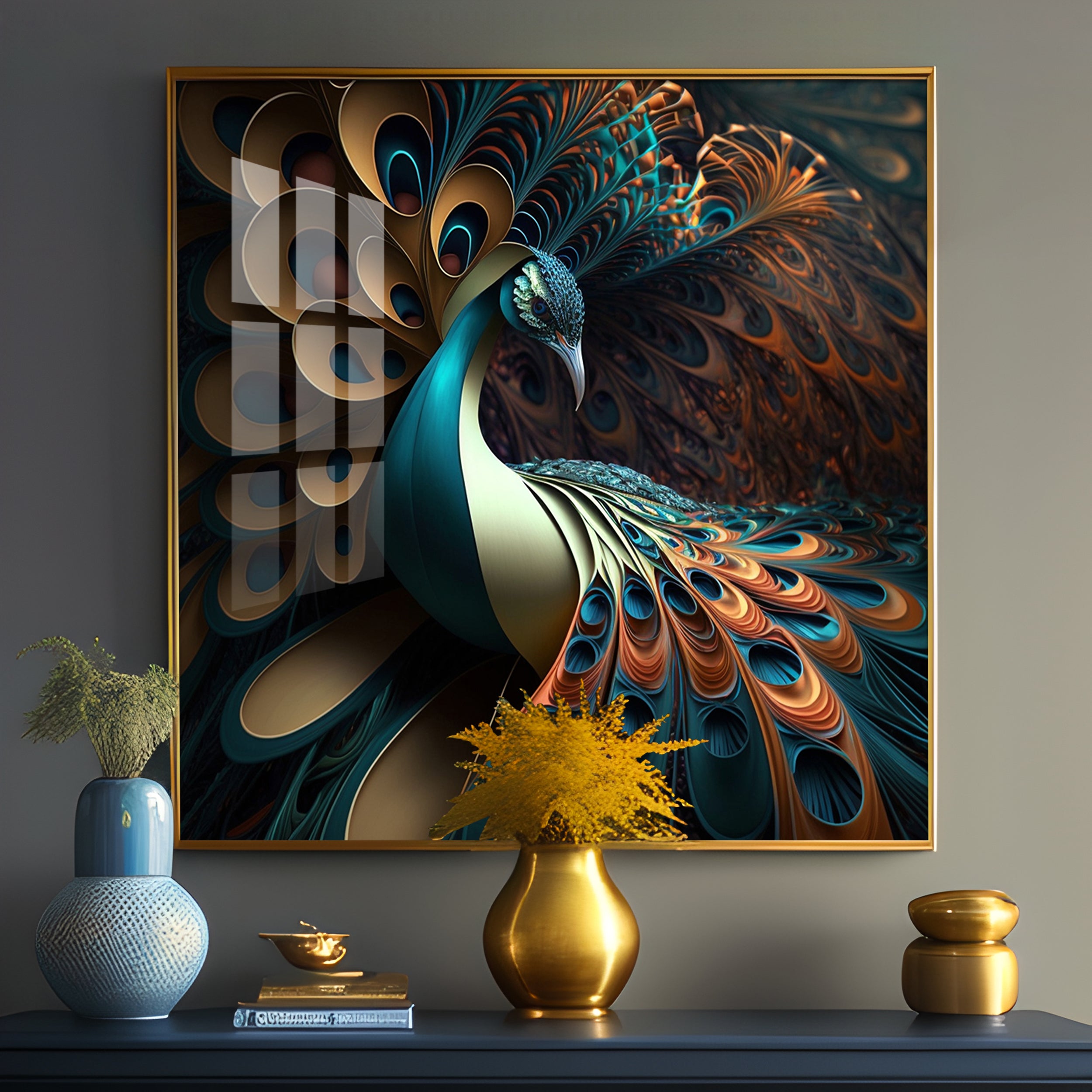 Peacock Is Shown With Large Feather Premium Acrylic Square Wall Art