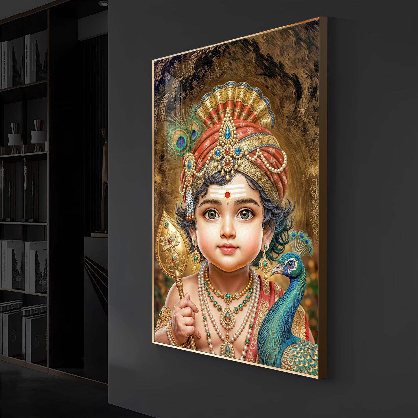 Little Murugan With Peacock Modern Luxury Backlight Vertical Wall Art