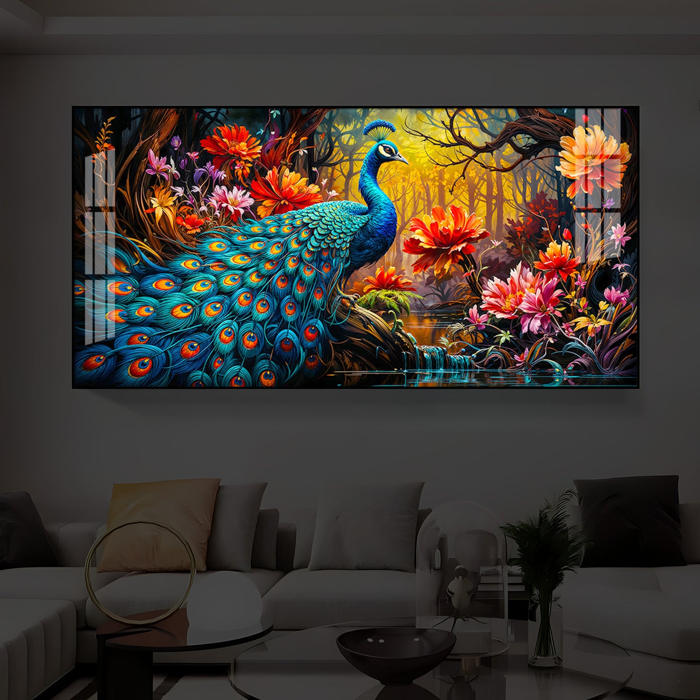 Beautiful Peacock Modern Luxury Backlight Horizontal Wall Art