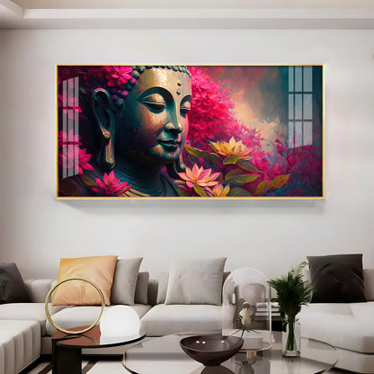 Lord Buddha Blossoms Premium Acrylic Horizontal Wall Art