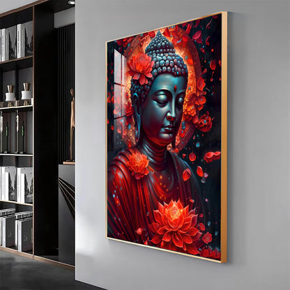 Red Buddha With Lotus Premium Acrylic Vertical Wall Art