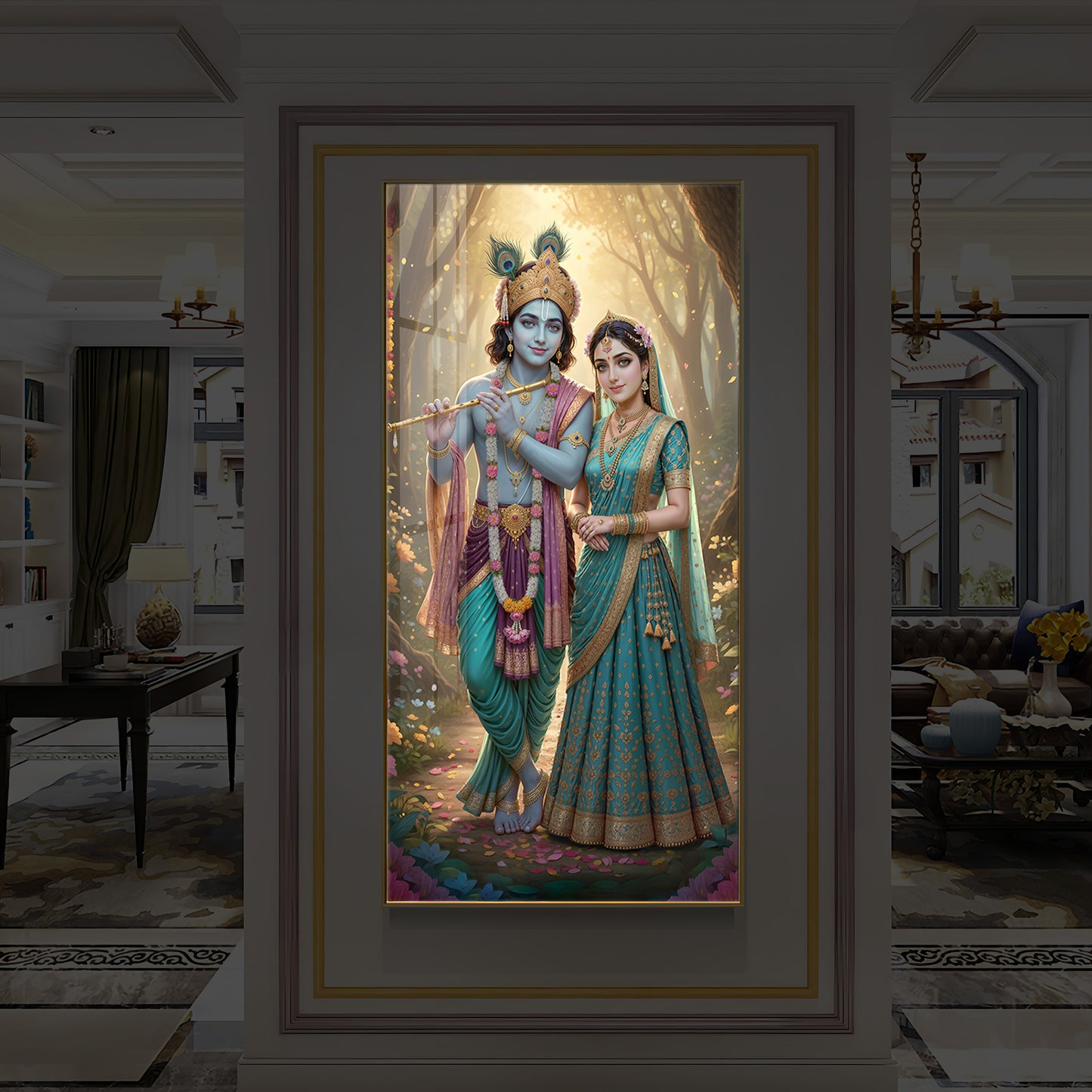 Radhe Krishna Ji Modern Luxury Backlight Vertical Wall Art