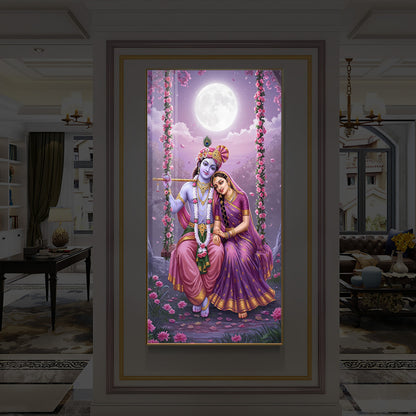 Loving Radha Krishna Modern Luxury Backlight Vertical Wall Art