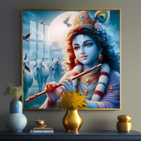 Bal Krishna With Flute Premium Acrylic Square Wall Art