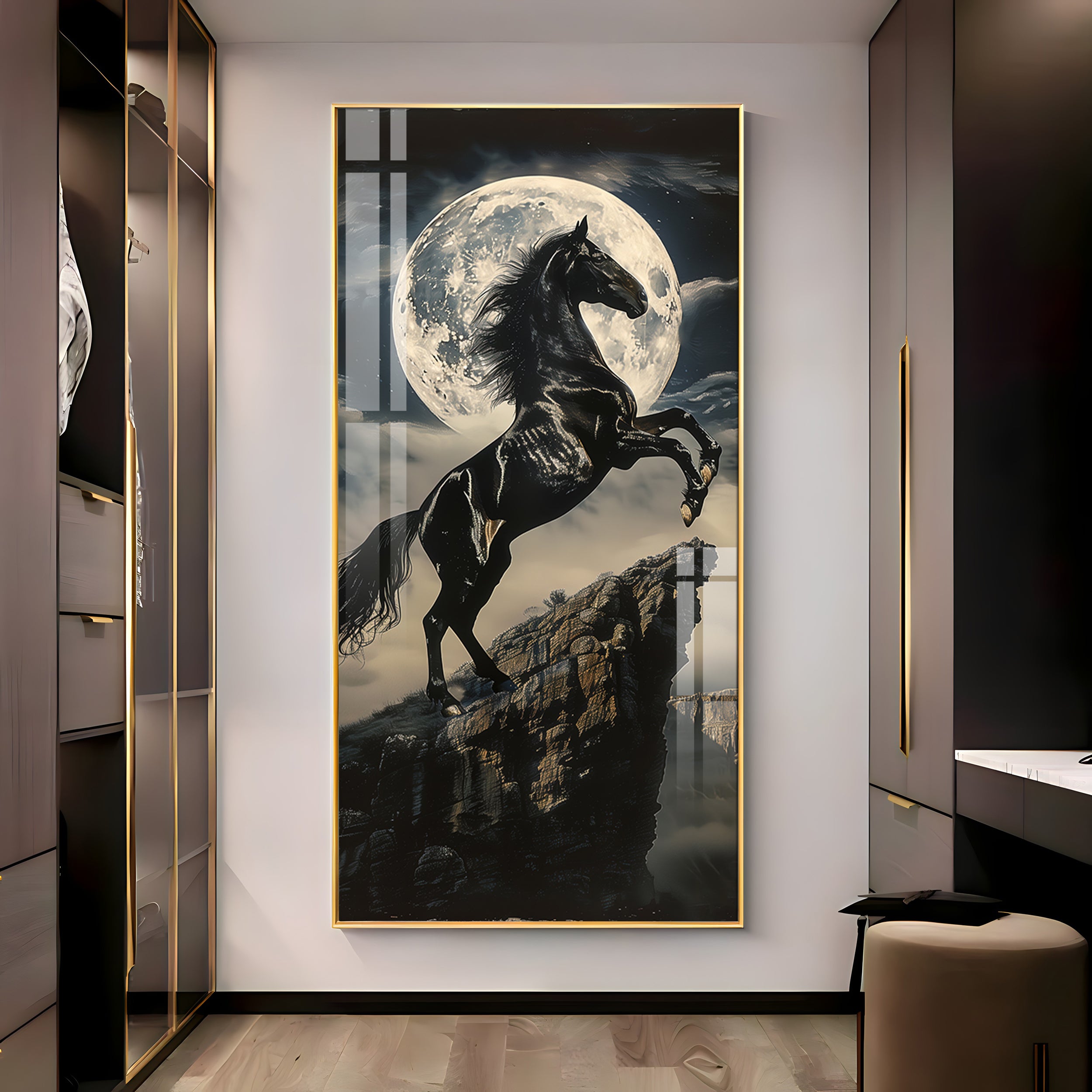Black Horse On Rocky Cliff Premium Acrylic Vertical Wall Art