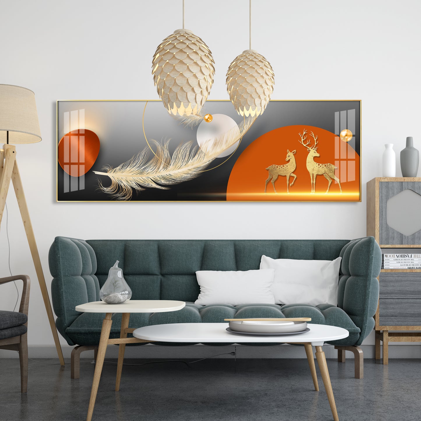 Golden Deers With Feathers Premium Acrylic Horizontal Wall Art