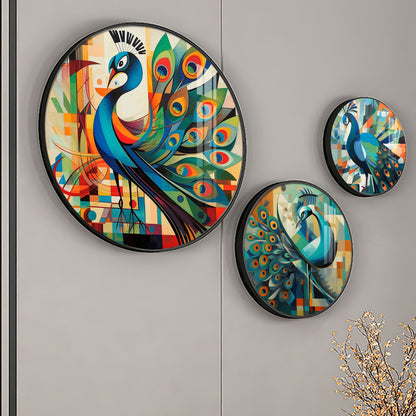 Colorful Peacock Abstract Premium Acrylic Round Wall Art (Set of 3)
