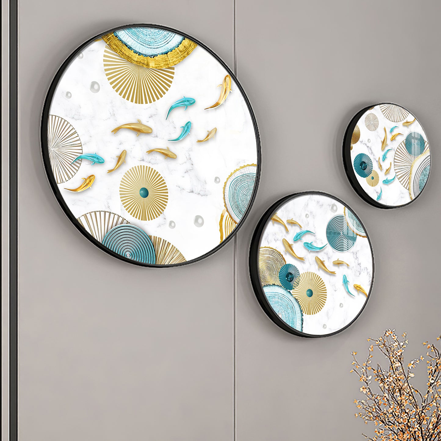 Koi Fish In Blue & Gold Premium Acrylic Round Wall Art (Set of 3)