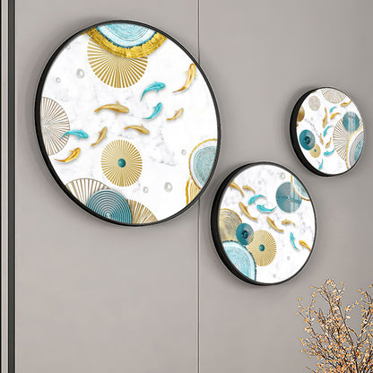 Koi Fish In Blue & Gold Premium Acrylic Round Wall Art (Set of 3)