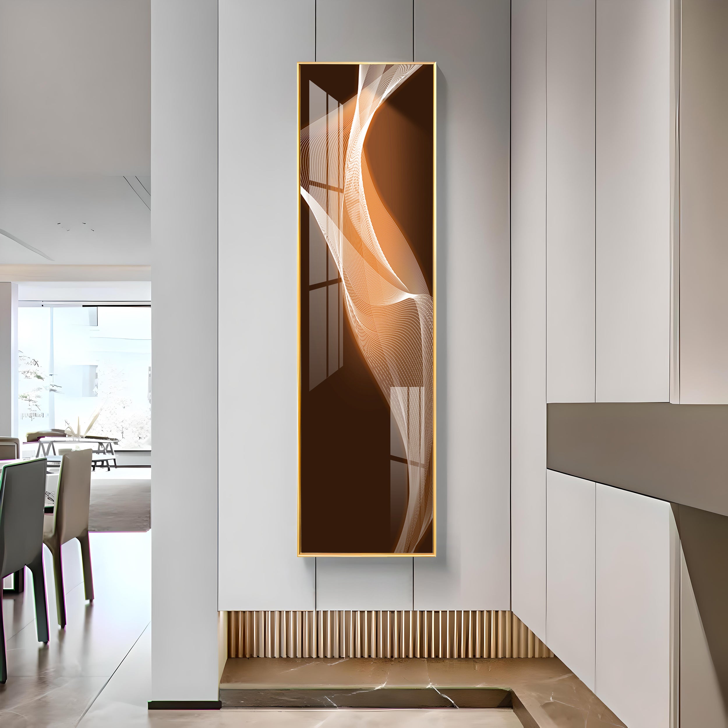 Golden White Wavy Lines Premium Acrylic Vertical Wall Art