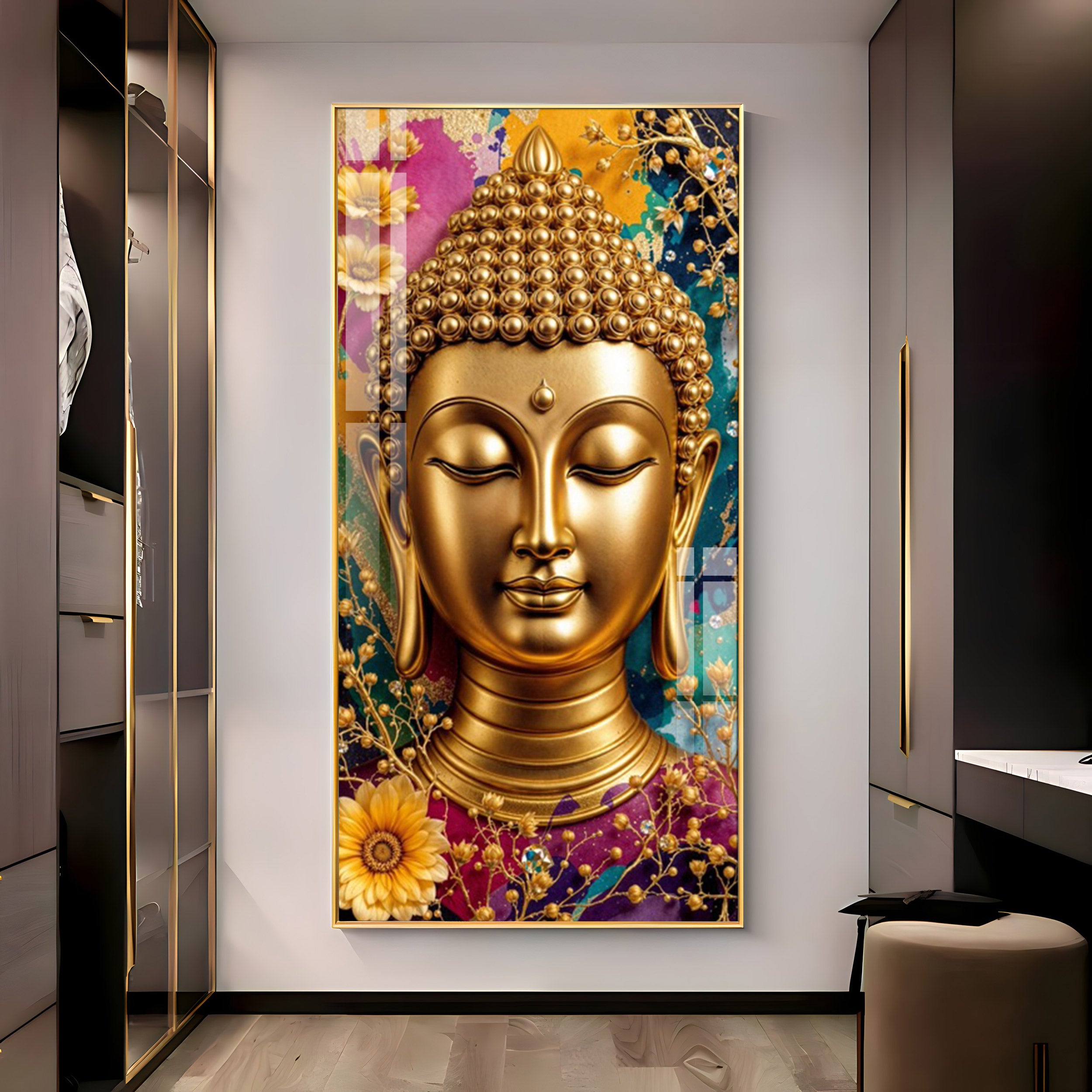 Golden Portrayal Of Buddha Premium Acrylic Vertical Wall Art