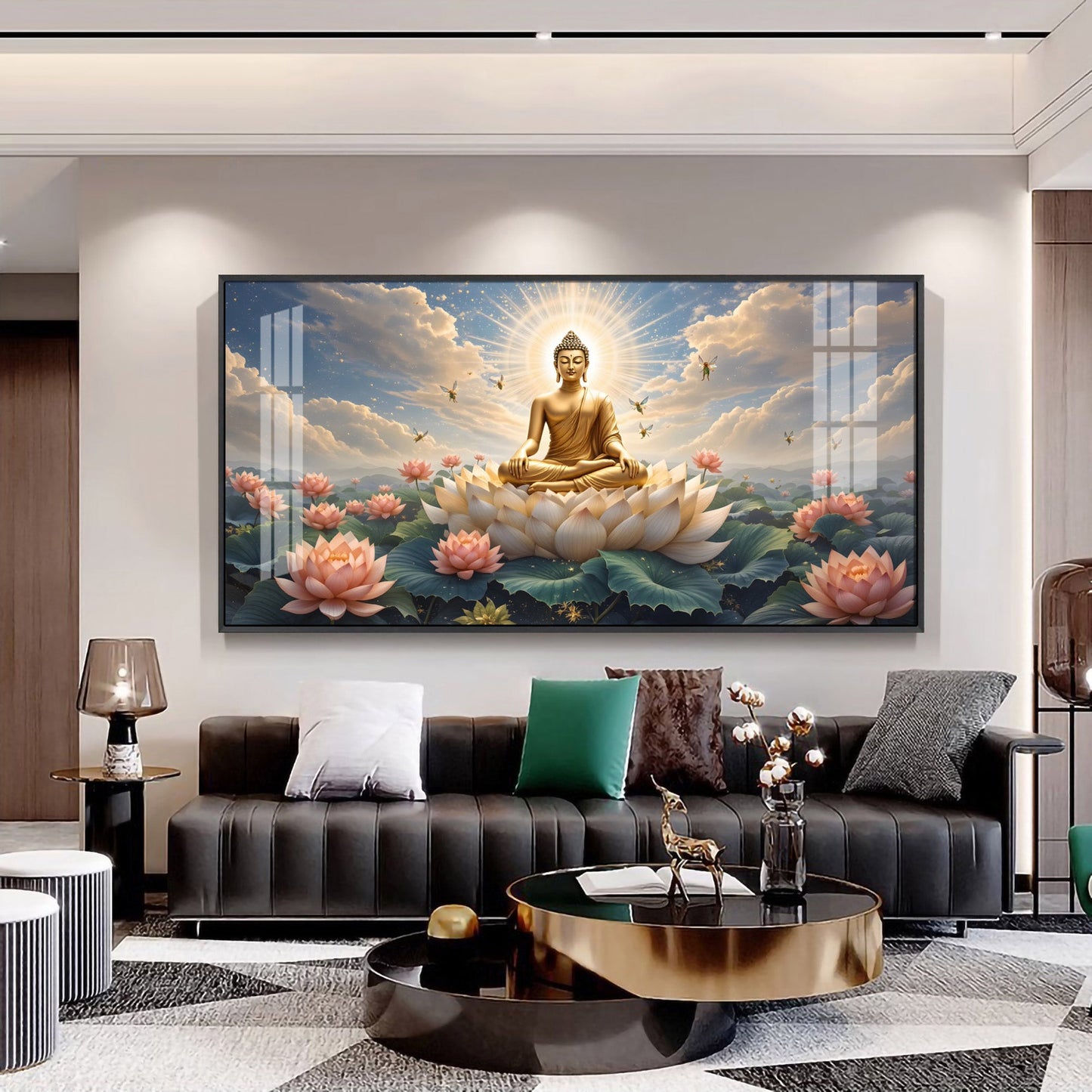 Peaceful Buddha On Lotus Premium Acrylic Horizontal Wall Art - 40X20 inches / Gold