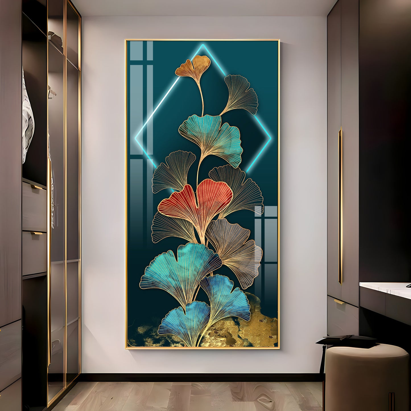 Ginkgo Leaf Entrance Hall Gold Foil Premium Acrylic Vertical Wall Art