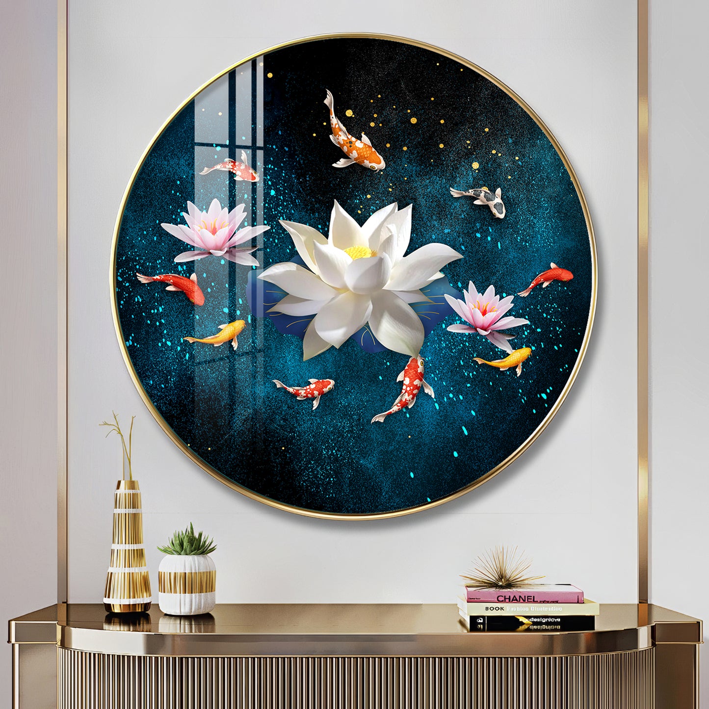 Lotus and Fish Premium Acrylic Round Wall Art