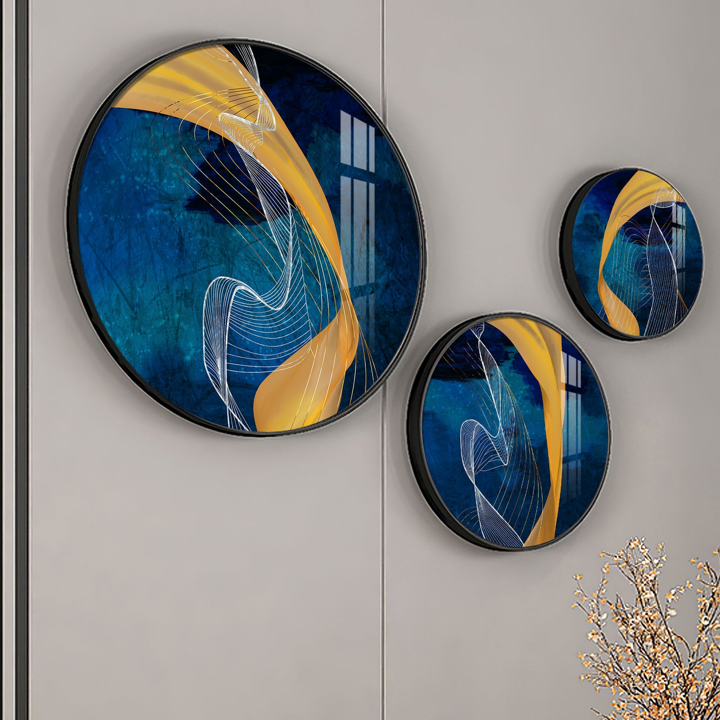 Asatic Waves Premium Acrylic Round Wall Art (Set of 3)