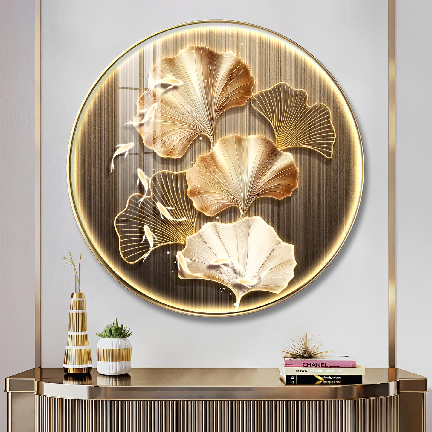Golden Fusion Petal Premium Acrylic Round Wall Art
