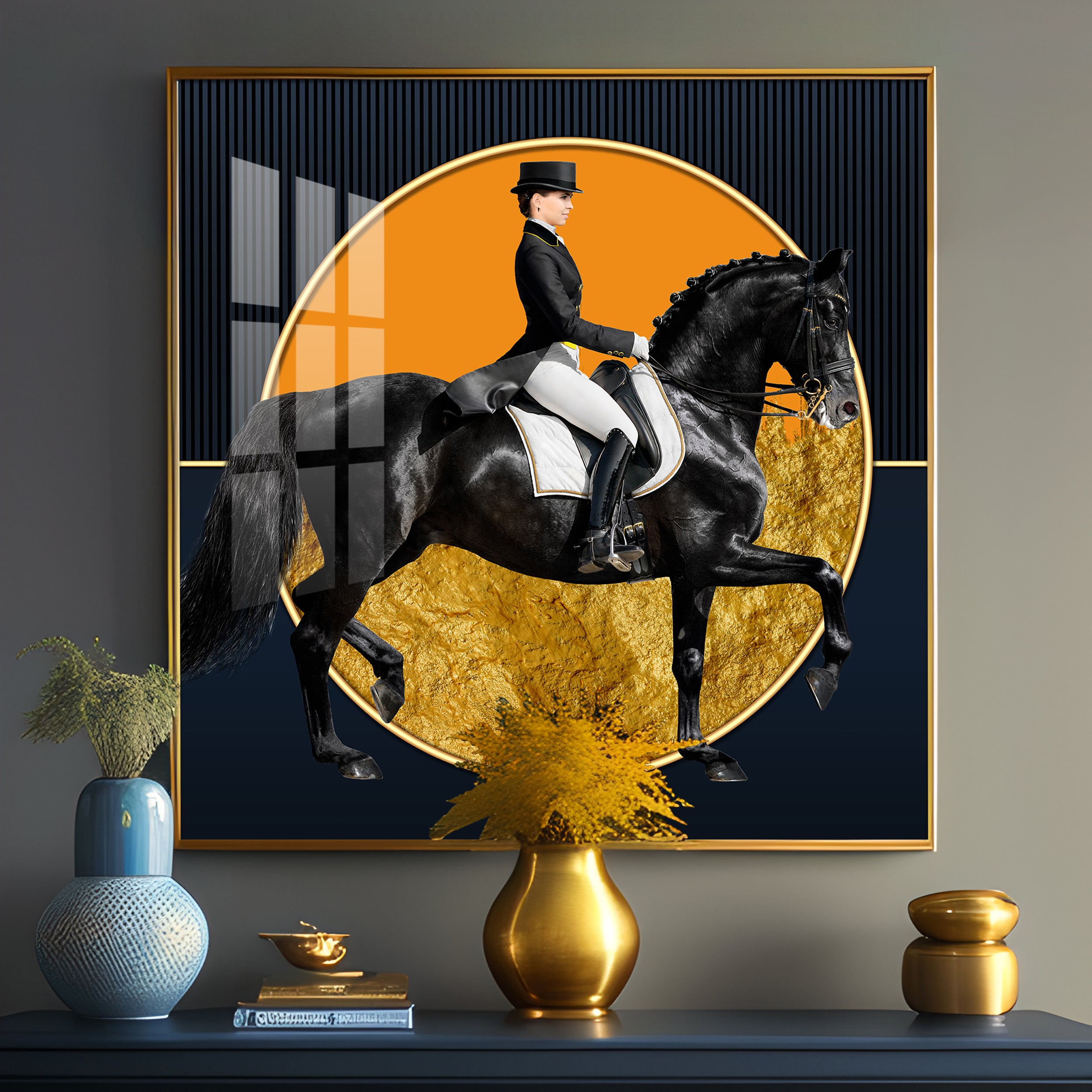 Man Riding on Black Horse Premium Acrylic Square Wall Art