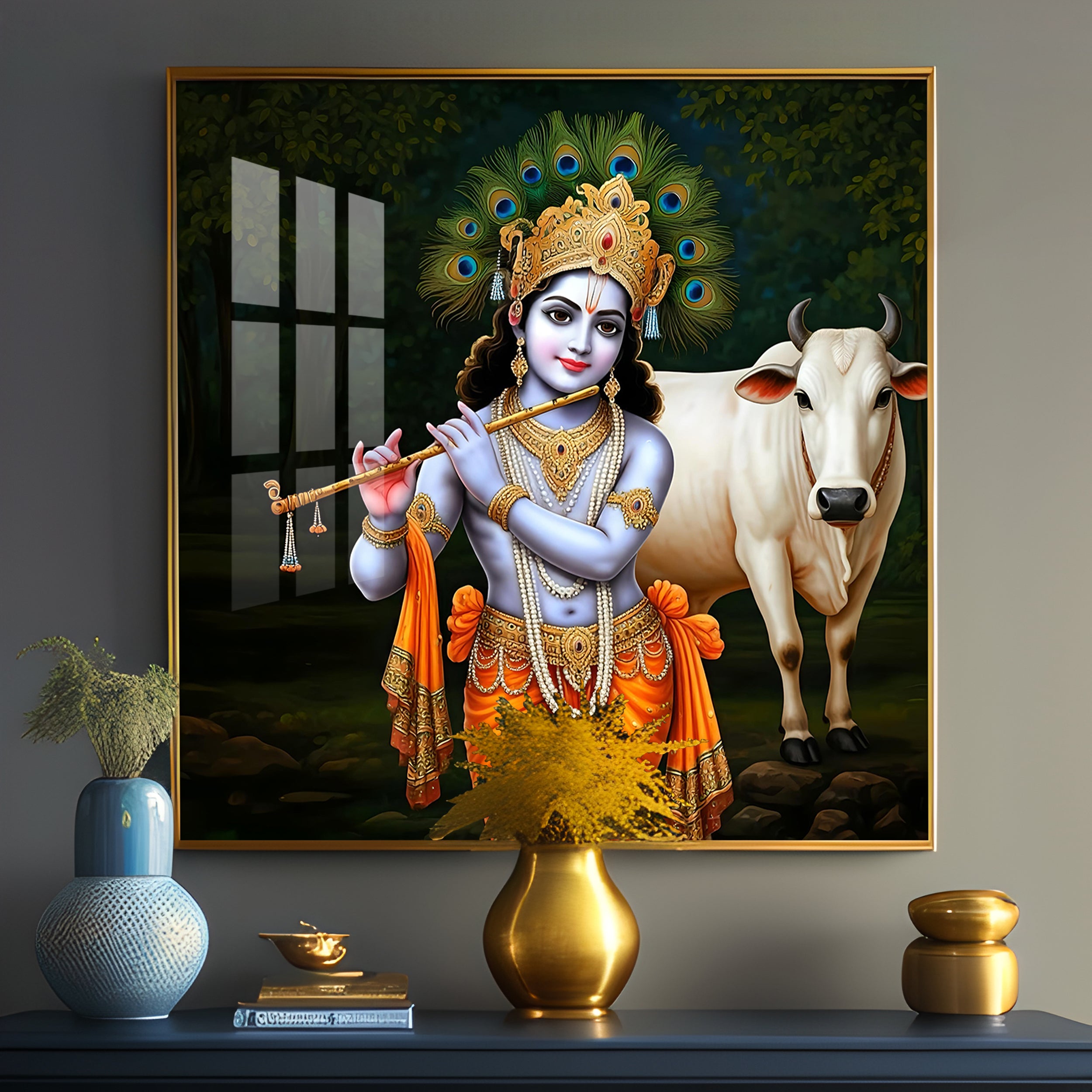 Krishna With The Cow Premium Acrylic Square Wall Art