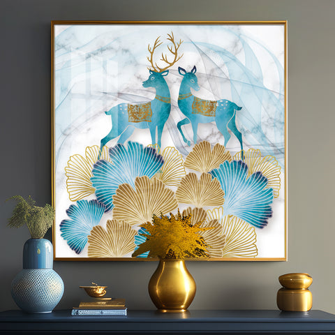 Blue Deer With Ginkgo Leaf Premium Acrylic Square Wall Art
