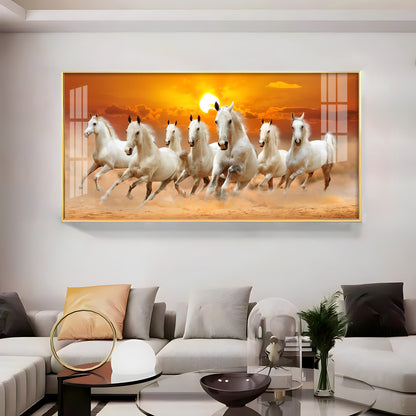 White 7 Running Horses Premium Acrylic Horizontal Wall Art