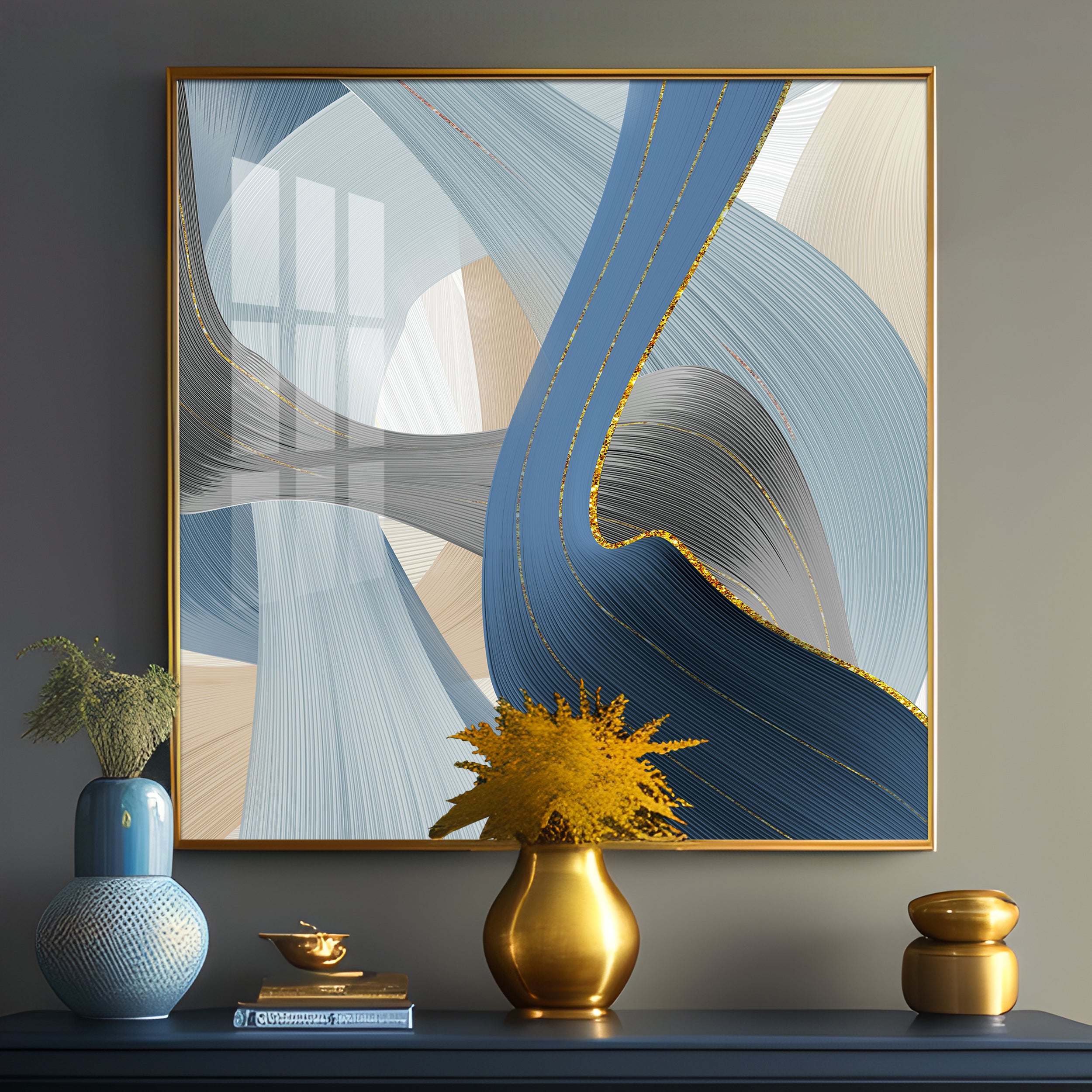 Geometric Fluid Art With Golden Lines Premium Acrylic Square Wall Art