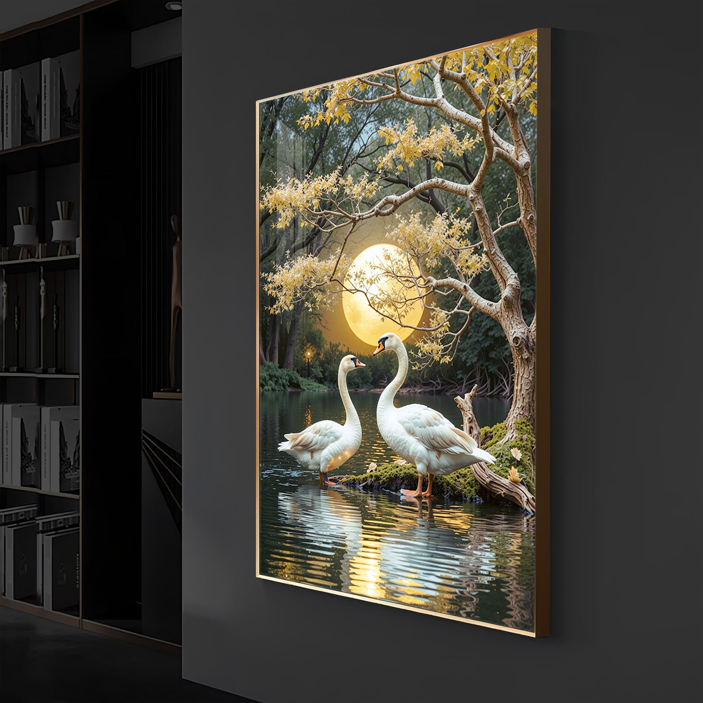 Couple Swan Modern Luxury Backlight Vertical Wall Art