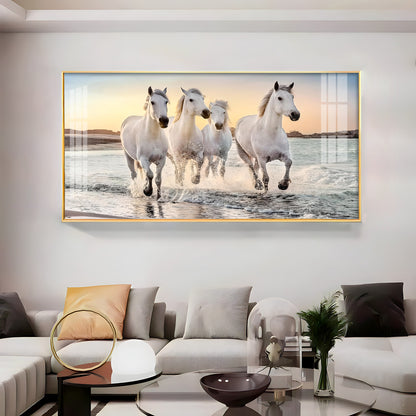 White Running Horses in The Sea Premium Acrylic Horizontal Wall Art