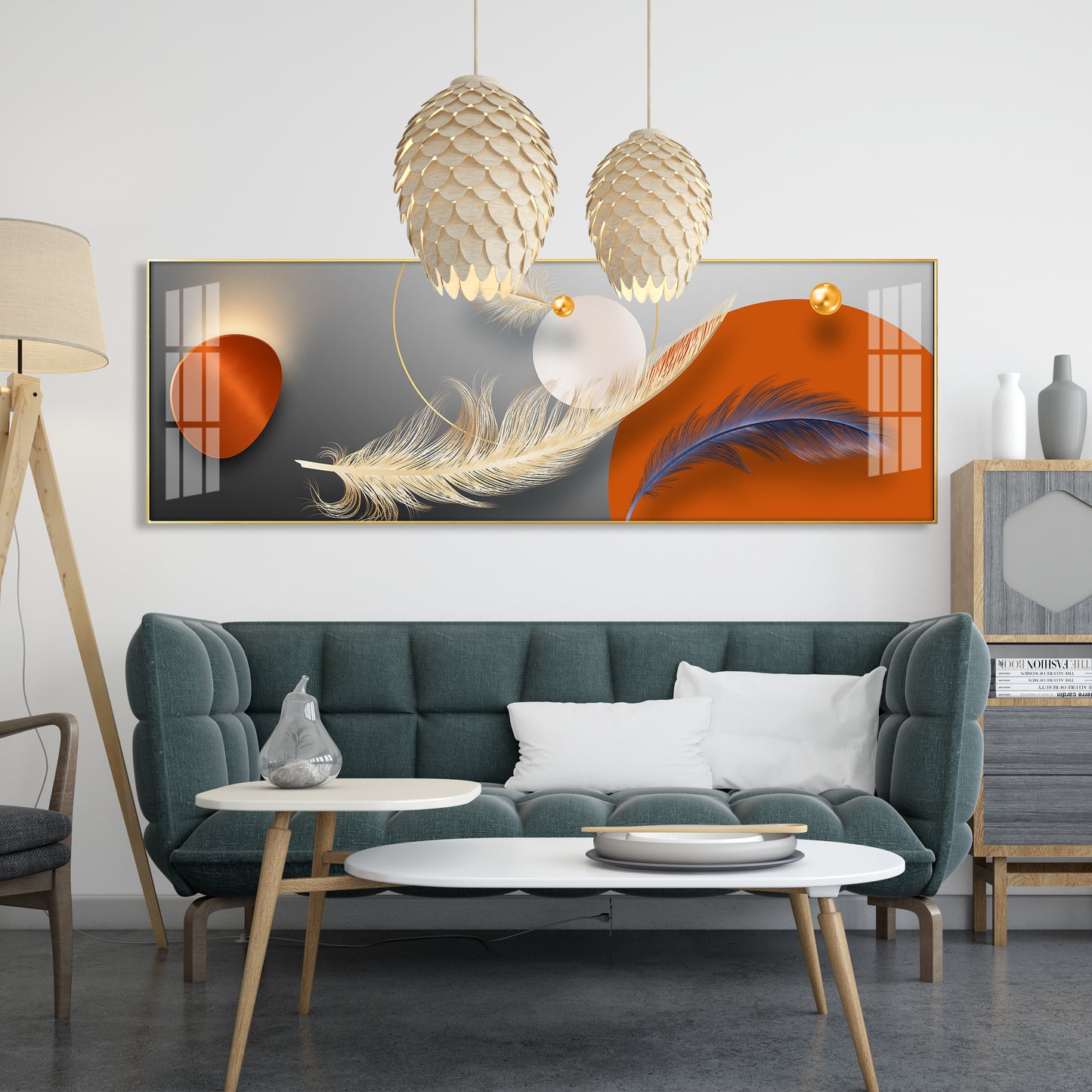 Feathers With Orange Circle Premium Acrylic Horizontal Wall Art