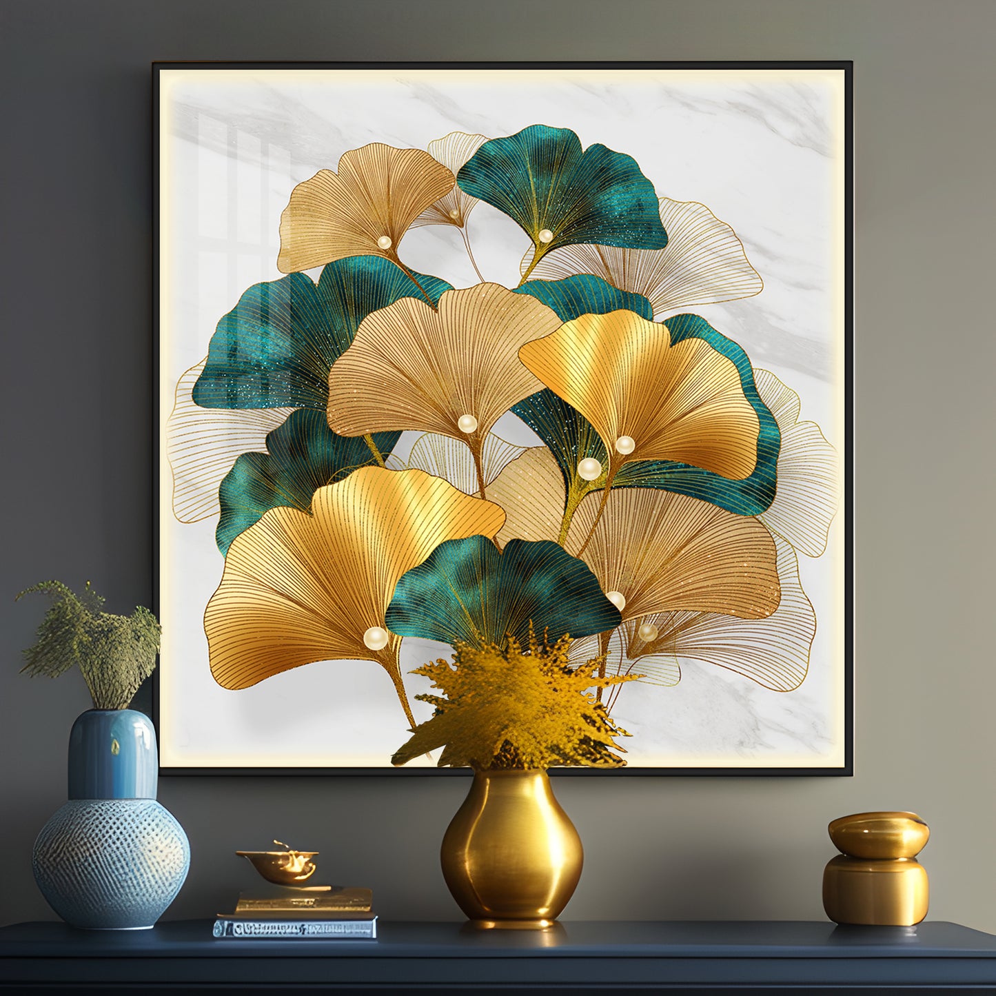 Golden Ginkgo Biloba Luxury Crystal Square Wall Art