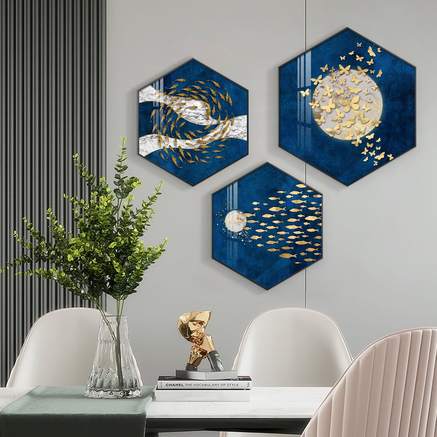 Golden Fish And Butterfly Premium Acrylic Hexagon Wall Art (Set of 3)