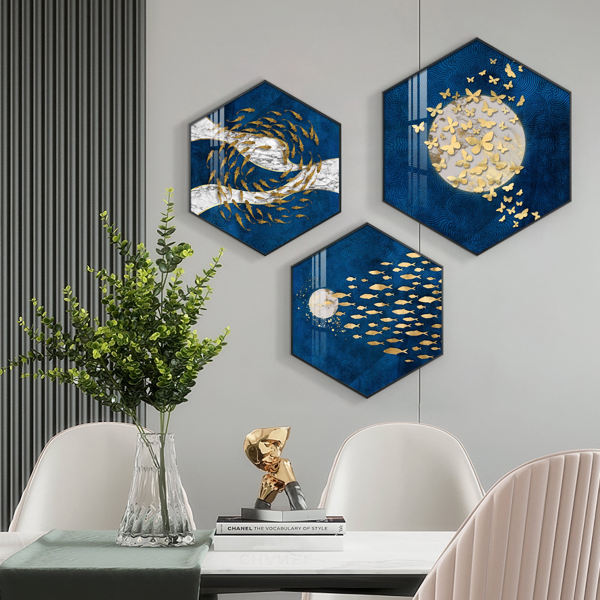 Golden Fish And Butterfly Premium Acrylic Hexagon Wall Art (Set of 3)