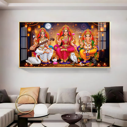 Maa Laxmi With lord Ganesh ji and Godess Saraswati Premium Acrylic Horizontal Wall Art