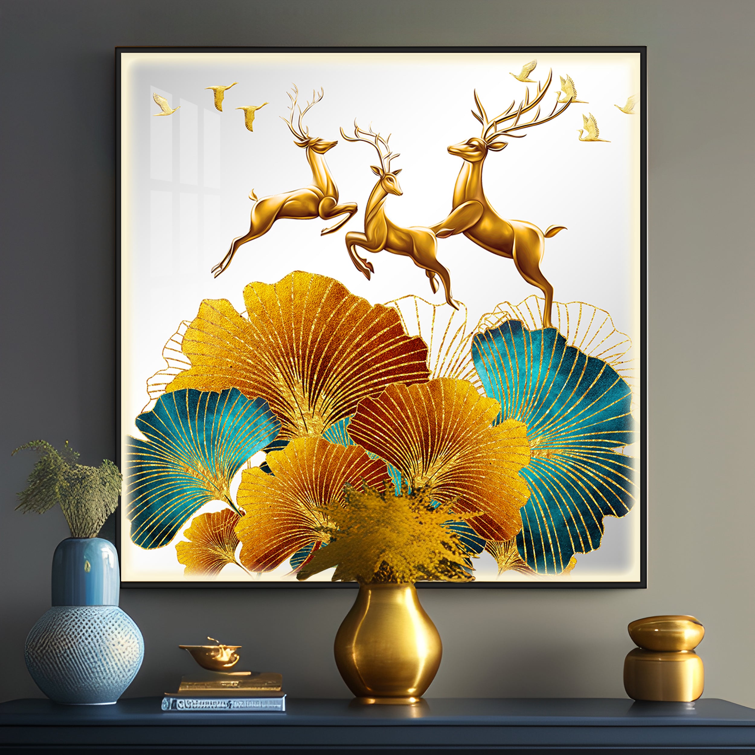 3 Golden Deers With Biloba Leaves Luxury Crystal Square Wall Art