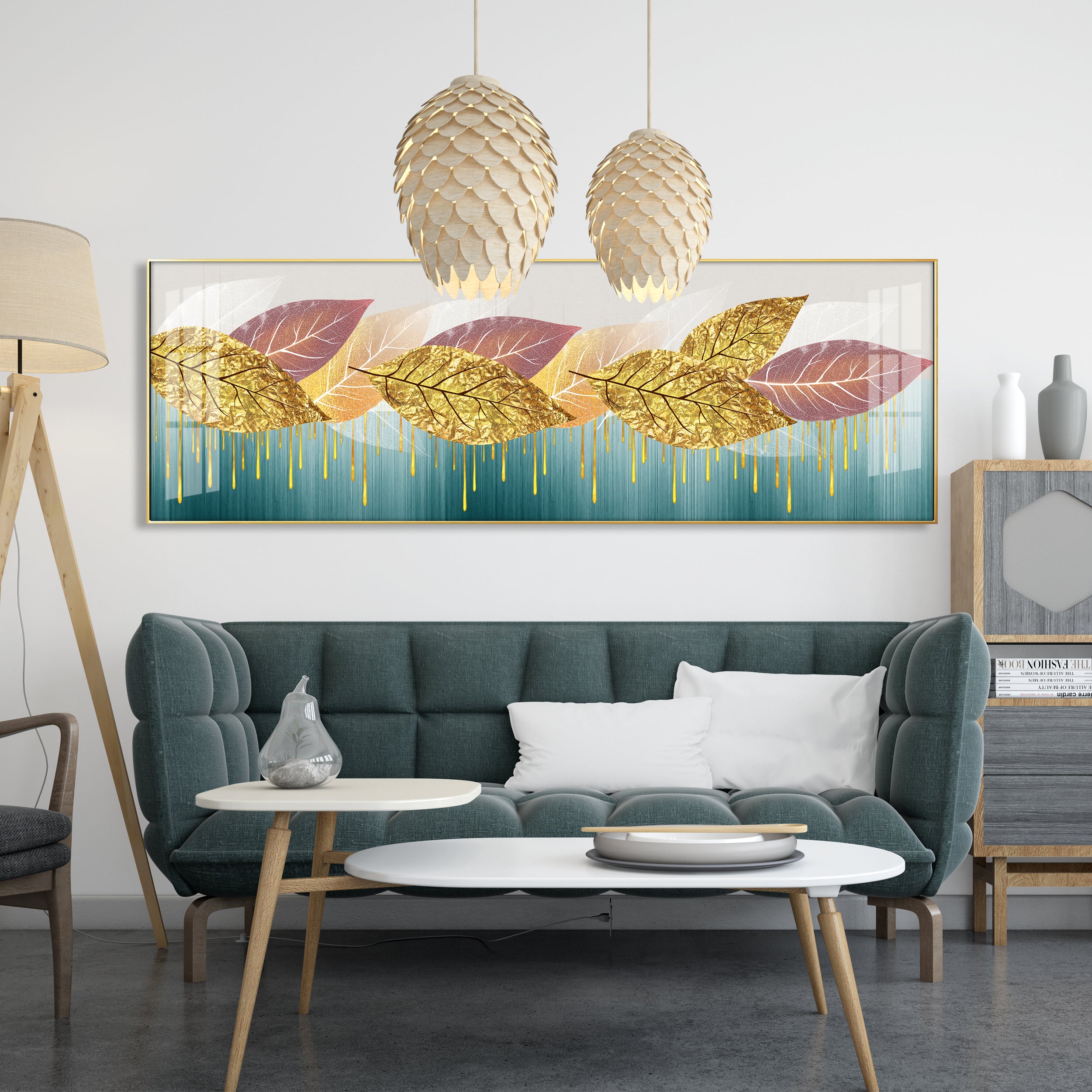 Golden Pink Leaves Luxury Crystal Horizontal Wall Art