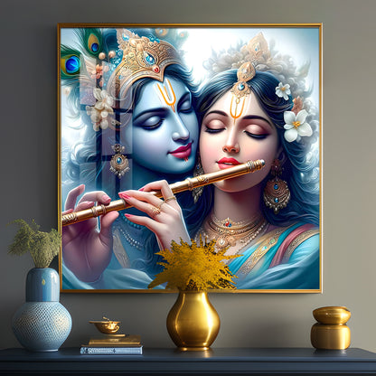 Radha Krishna With Flute Premium Acrylic Square Wall Art