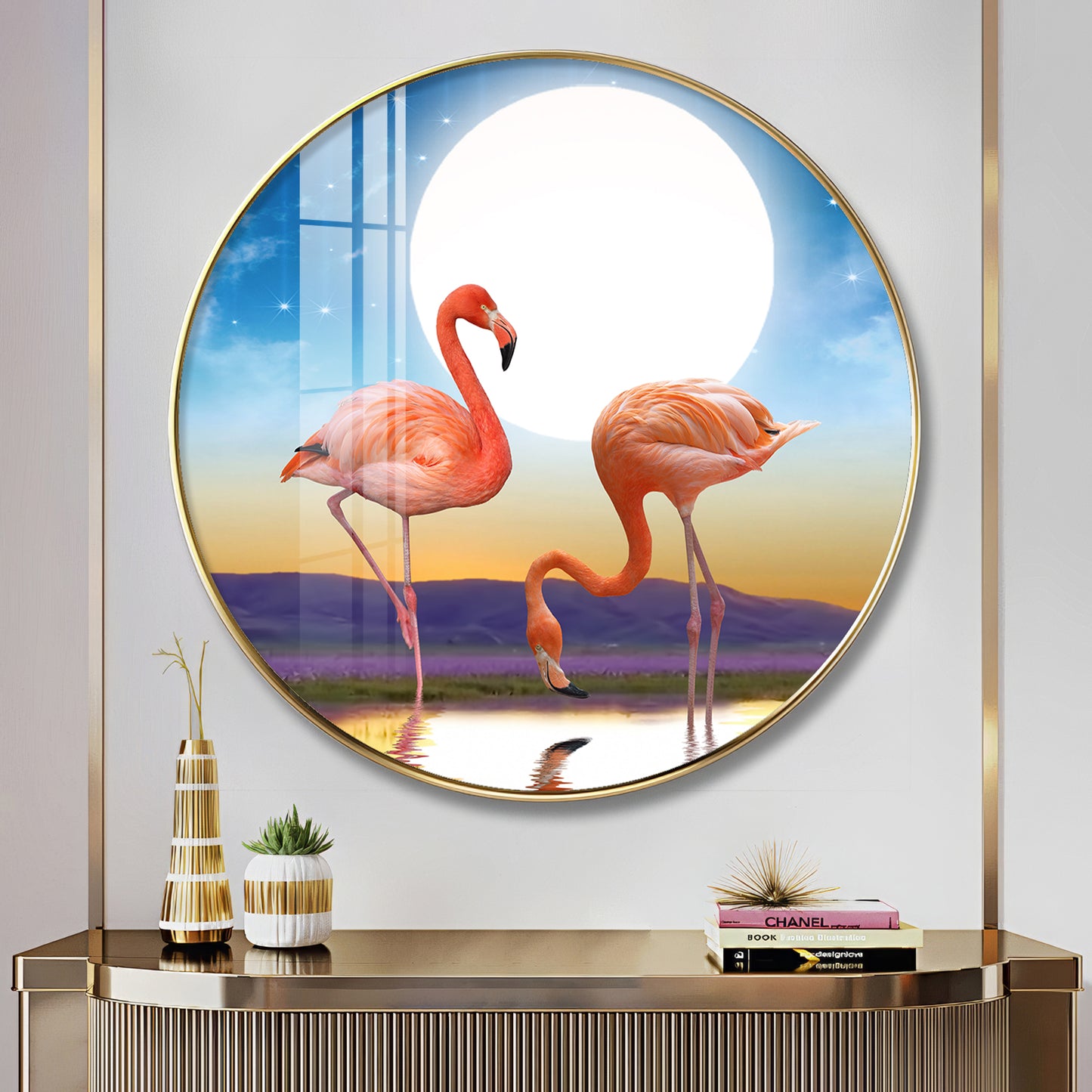 Flamingo Serenity Premium Acrylic Round Wall Art