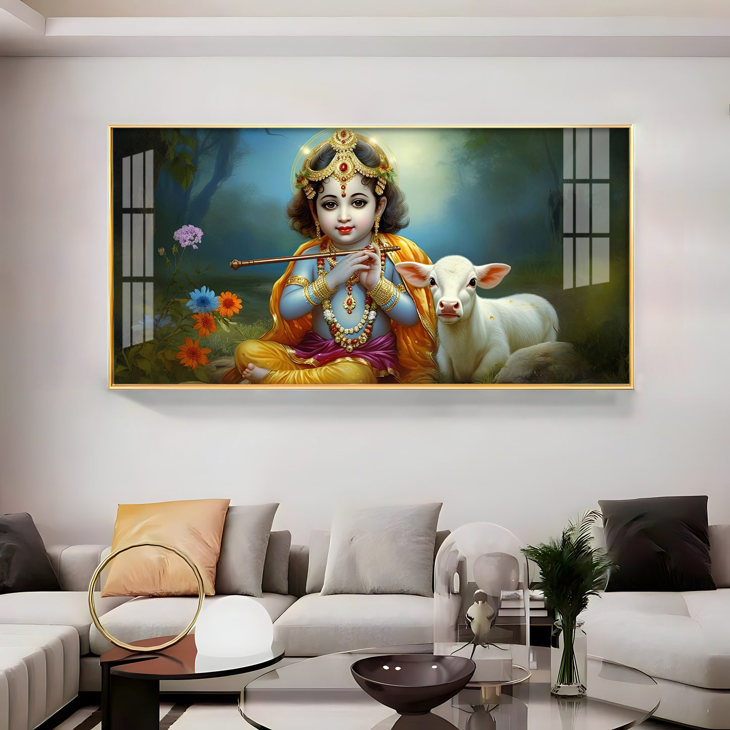 Little Krishna With Bansuri & Cow Premium Acrylic Horizontal Wall Art