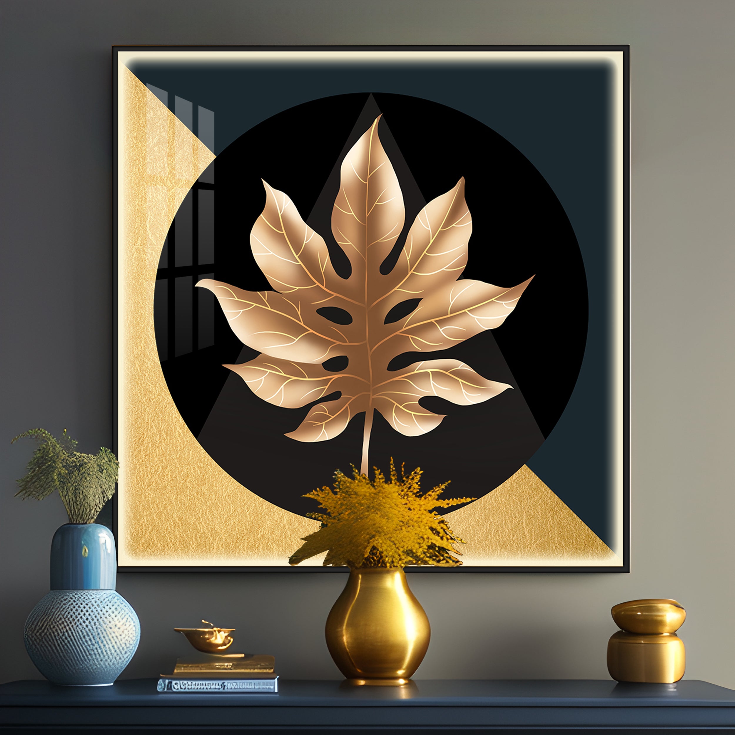 Golden Fall Leaf Luxury Crystal Square Wall Art